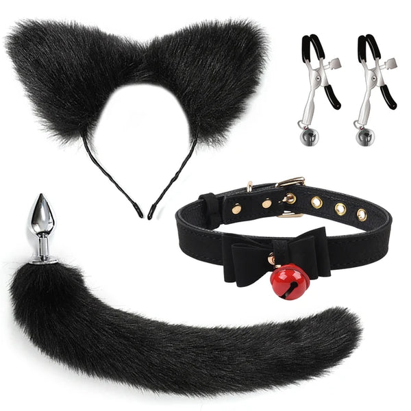 4-Piece Sexy Cosplay Kit with Fox Tail, Anal Plug, SM Collar, Nipple Clamps - Adult Roleplay & Erotic Accessories for Fantasy & BDSM Play