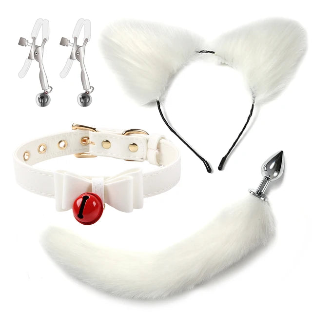 4-Piece Sexy Cosplay Kit with Fox Tail, Anal Plug, SM Collar, Nipple Clamps - Adult Roleplay & Erotic Accessories for Fantasy & BDSM Play