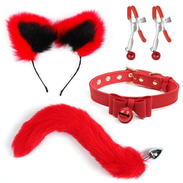 4-Piece Sexy Cosplay Kit with Fox Tail, Anal Plug, SM Collar, Nipple Clamps - Adult Roleplay & Erotic Accessories for Fantasy & BDSM Play