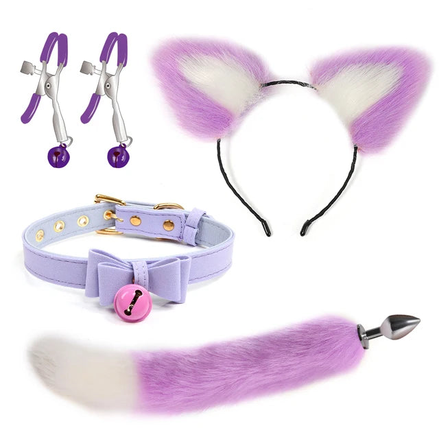 4-Piece Sexy Cosplay Kit with Fox Tail, Anal Plug, SM Collar, Nipple Clamps - Adult Roleplay & Erotic Accessories for Fantasy & BDSM Play