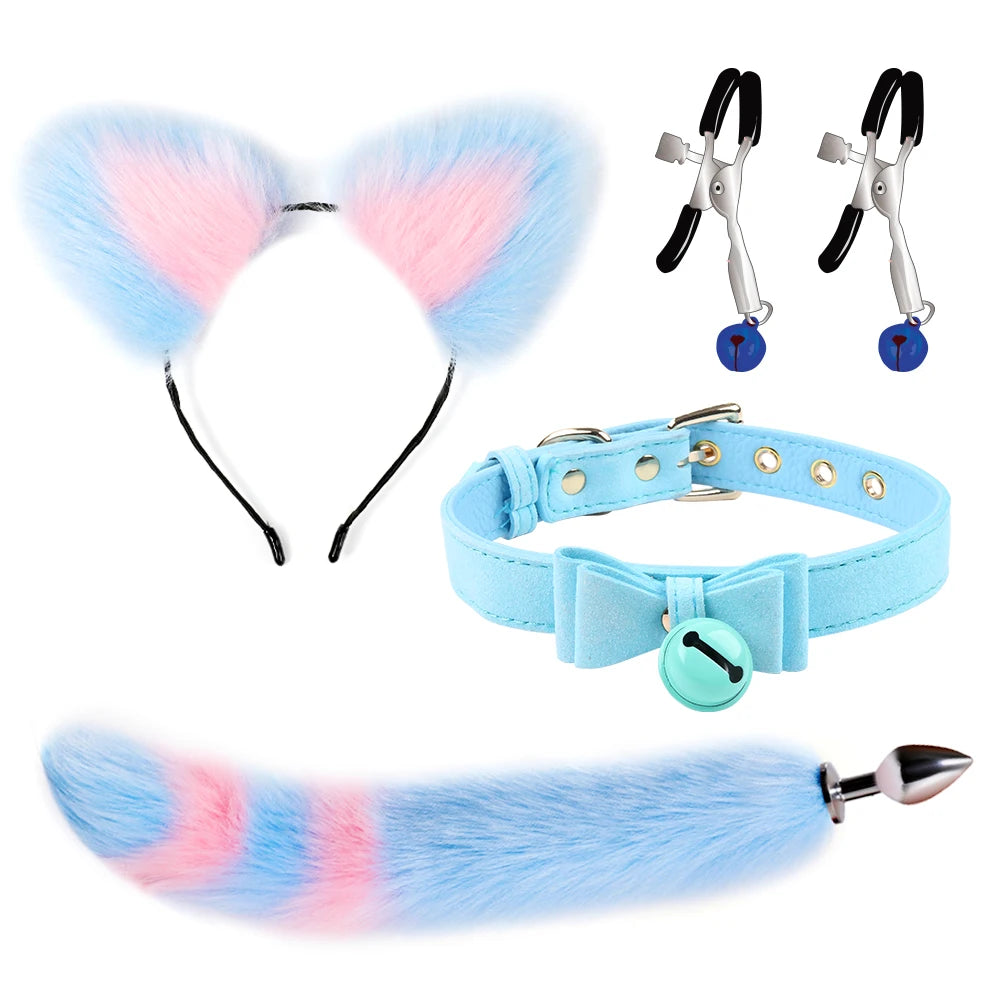 4-Piece Sexy Cosplay Kit with Fox Tail, Anal Plug, SM Collar, Nipple Clamps - Adult Roleplay & Erotic Accessories for Fantasy & BDSM Play