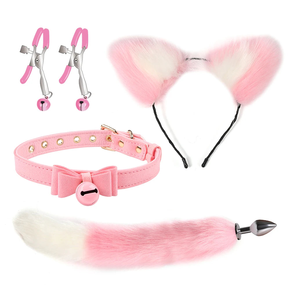 4-Piece Sexy Cosplay Kit with Fox Tail, Anal Plug, SM Collar, Nipple Clamps - Adult Roleplay & Erotic Accessories for Fantasy & BDSM Play