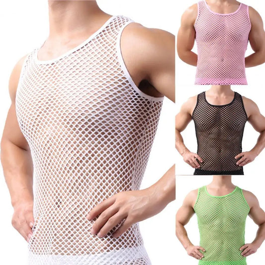 Men's Sexy Fishnet Mesh Tank Top – Transparent Sleeveless Undershirt, Pure Color Vest for Sleep & Underwear