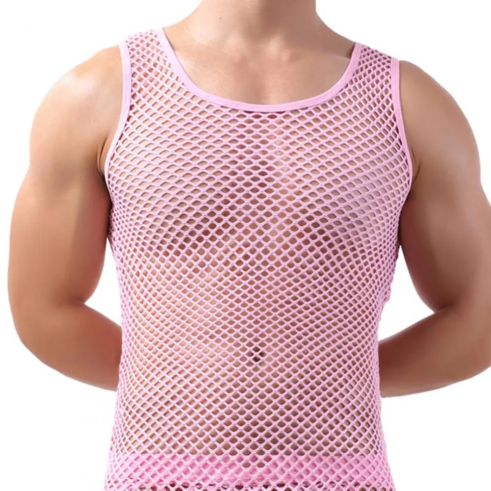 Men's Sexy Fishnet Mesh Tank Top – Transparent Sleeveless Undershirt, Pure Color Vest for Sleep & Underwear