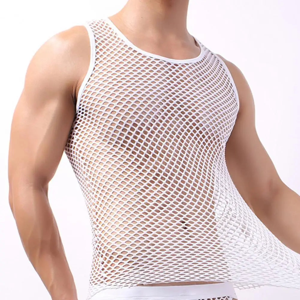 Men's Sexy Fishnet Mesh Tank Top – Transparent Sleeveless Undershirt, Pure Color Vest for Sleep & Underwear