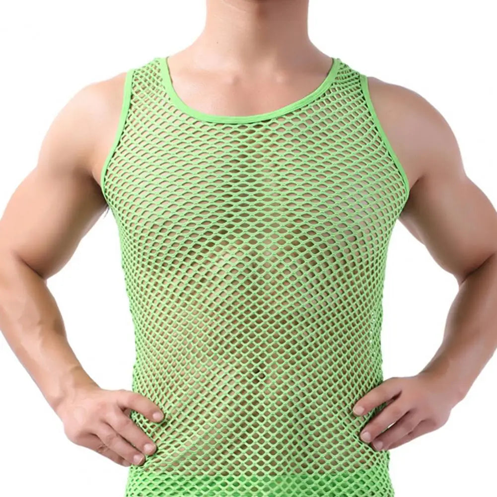 Men's Sexy Fishnet Mesh Tank Top – Transparent Sleeveless Undershirt, Pure Color Vest for Sleep & Underwear