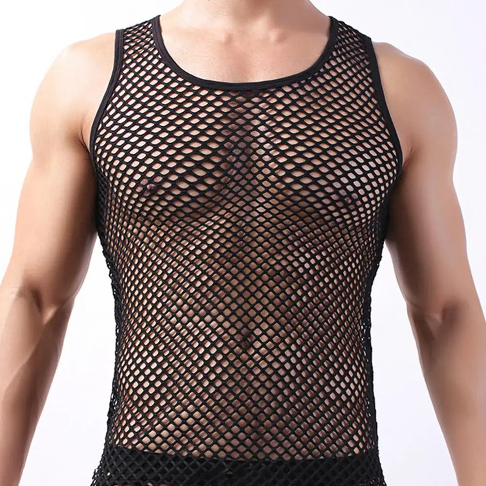 Men's Sexy Fishnet Mesh Tank Top – Transparent Sleeveless Undershirt, Pure Color Vest for Sleep & Underwear