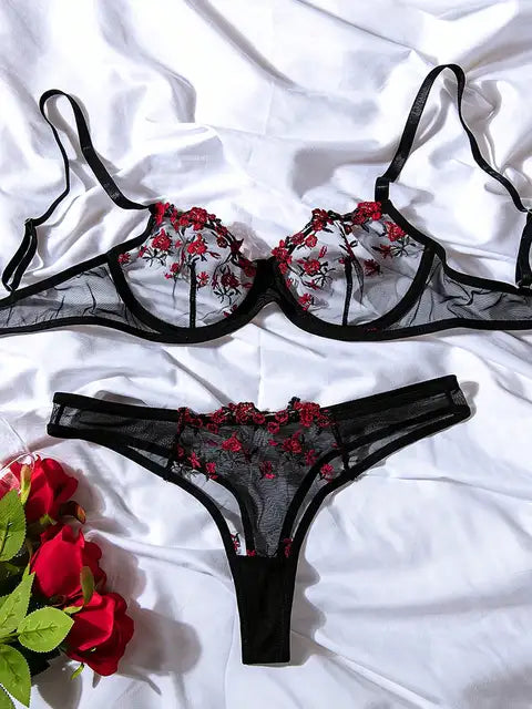 French Red Embroidery Flower Bra & Panty Set – Sexy Lingerie for Women Erotic Clothing