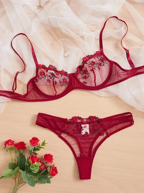 French Red Embroidery Flower Bra & Panty Set – Sexy Lingerie for Women Erotic Clothing