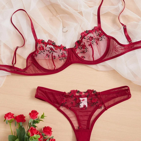 French Red Embroidery Flower Bra & Panty Set – Sexy Lingerie for Women Erotic Clothing