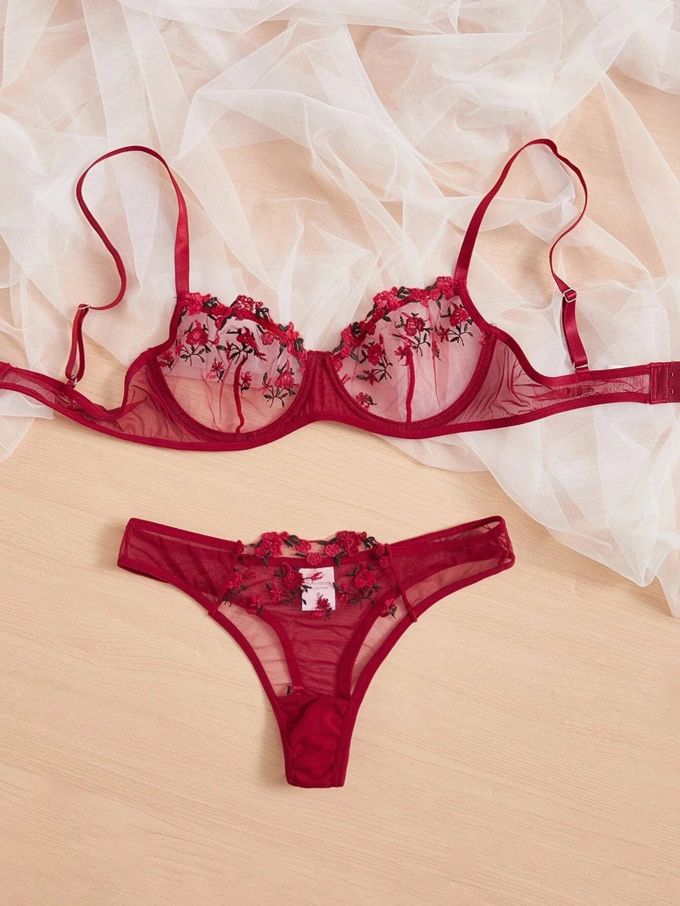 French Red Embroidery Flower Bra & Panty Set – Sexy Lingerie for Women Erotic Clothing