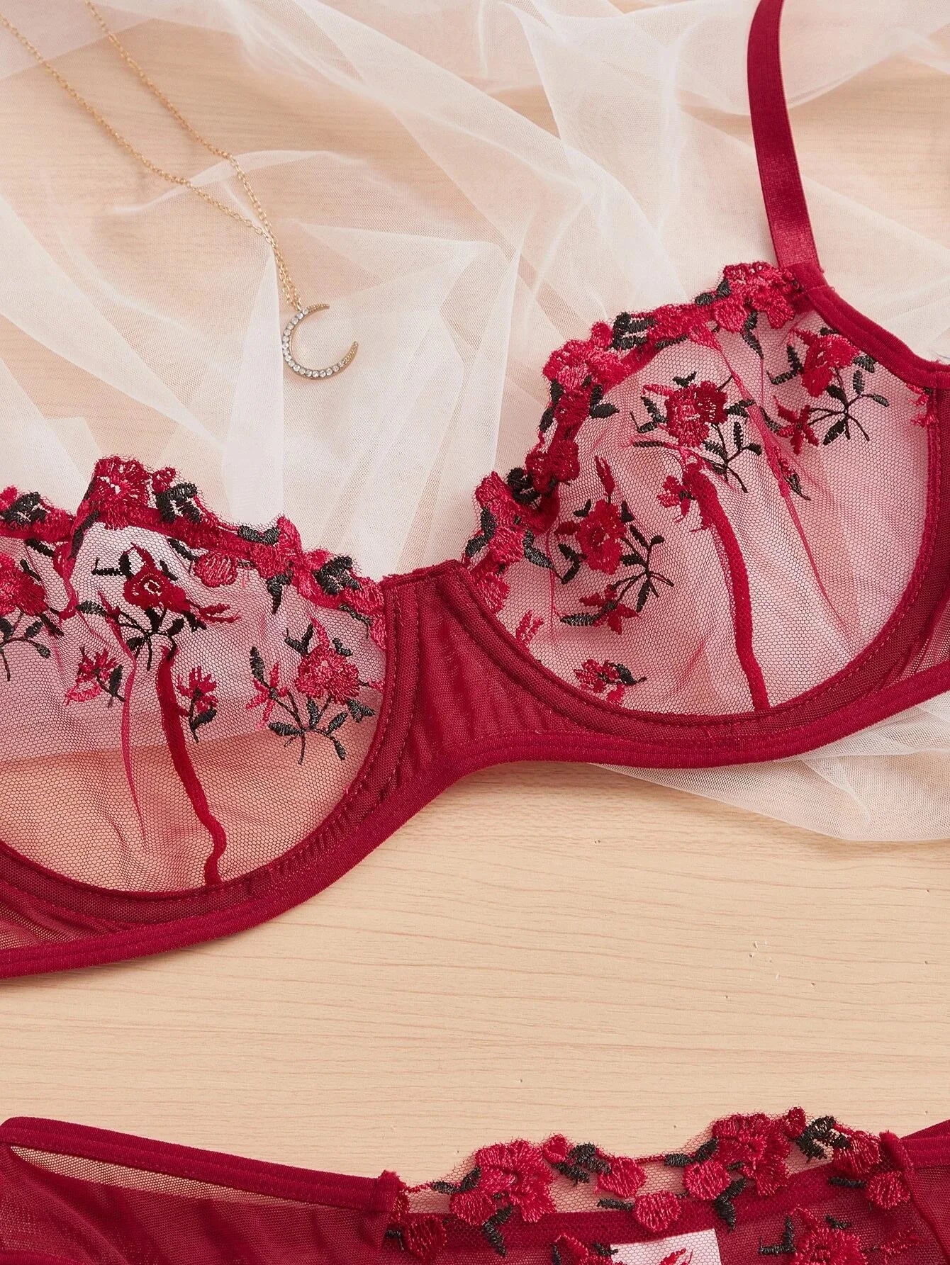 French Red Embroidery Flower Bra & Panty Set – Sexy Lingerie for Women Erotic Clothing