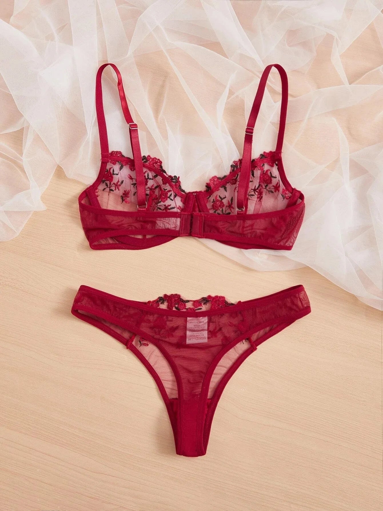 French Red Embroidery Flower Bra & Panty Set – Sexy Lingerie for Women Erotic Clothing