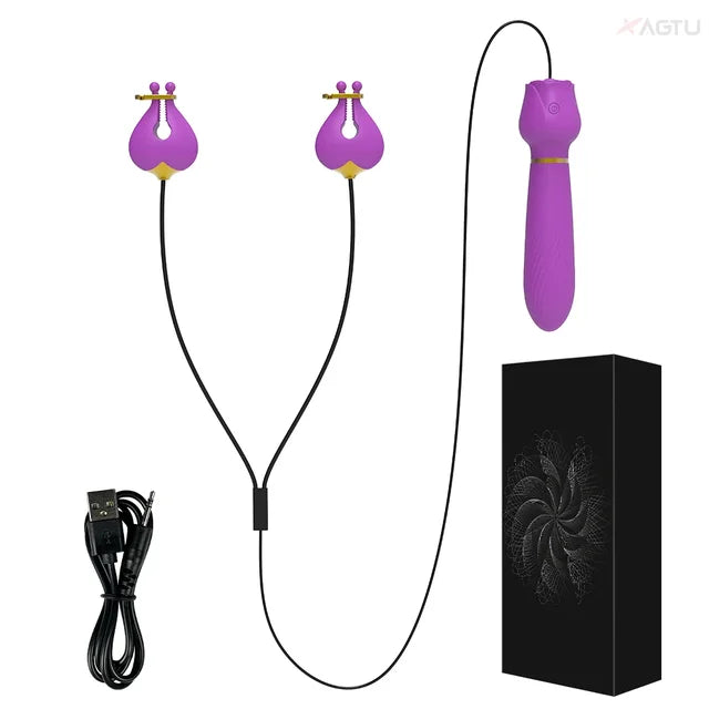 Ultimate Pleasure G-Spot Vibrator with Nipple Clamps Breast Clips Adult Goods Sex Toy for Couple Nipple Clitoral Stimulation Wired