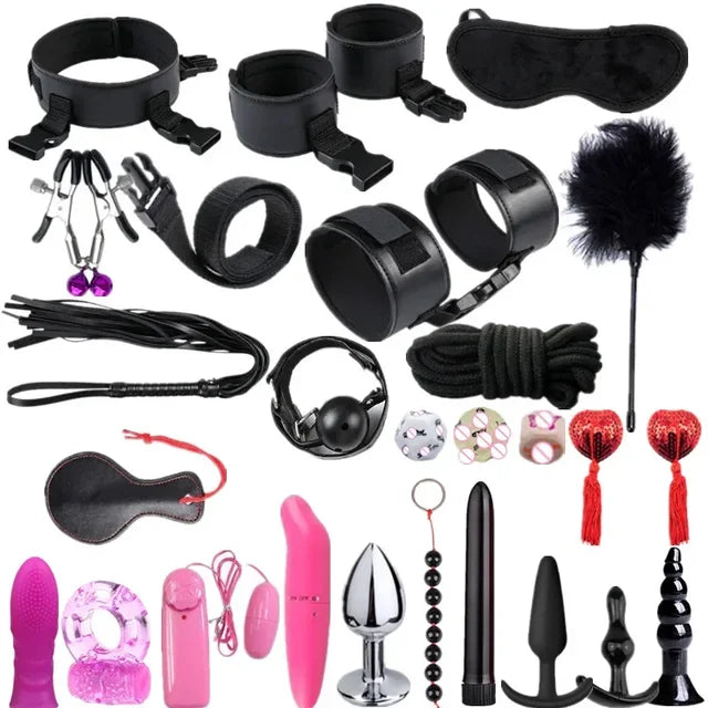 High Quality BDSM Genuine Leather Bondage Set Fetish Handcuffs Collar Gag Whip Erotic Sex Toys For Women Couples Adult Games