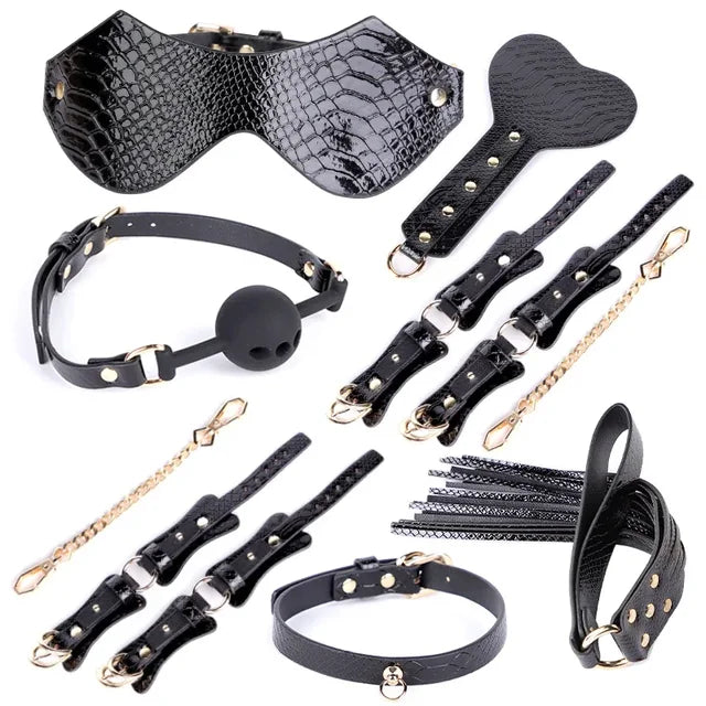 High Quality BDSM Genuine Leather Bondage Set Fetish Handcuffs Collar Gag Whip Erotic Sex Toys For Women Couples Adult Games