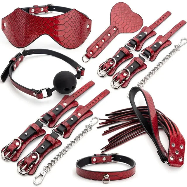 High Quality BDSM Genuine Leather Bondage Set Fetish Handcuffs Collar Gag Whip Erotic Sex Toys For Women Couples Adult Games