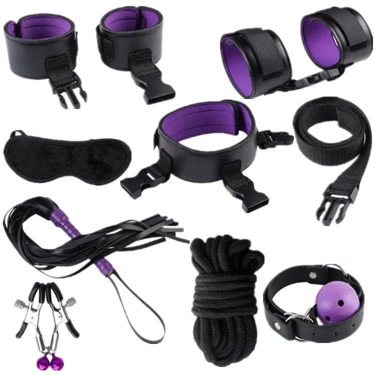 High Quality BDSM Genuine Leather Bondage Set Fetish Handcuffs Collar Gag Whip Erotic Sex Toys For Women Couples Adult Games