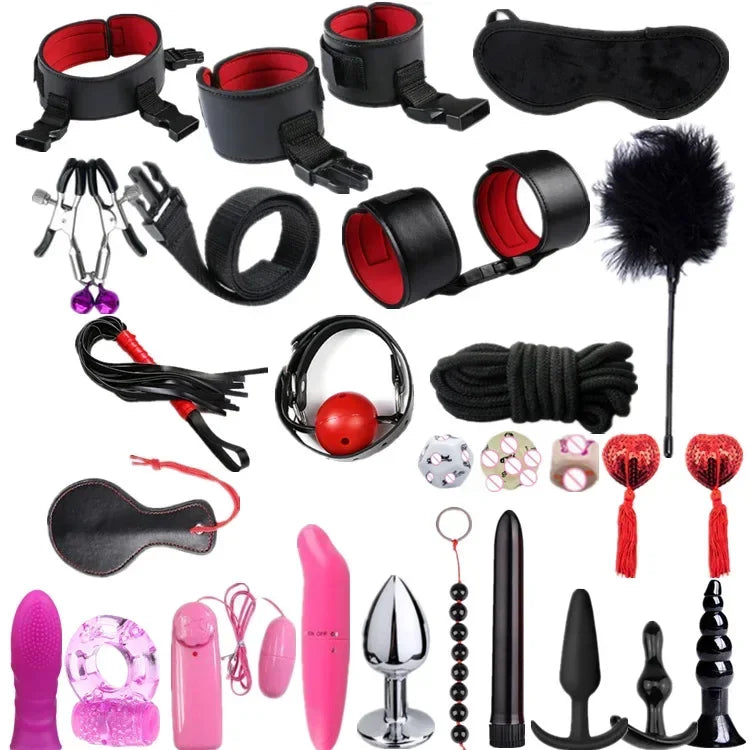 High Quality BDSM Genuine Leather Bondage Set Fetish Handcuffs Collar Gag Whip Erotic Sex Toys For Women Couples Adult Games