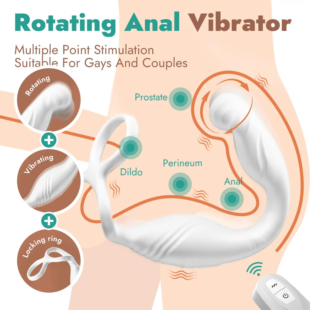 Male Anal Toy Prostate Massager Rotating Vibrating C-Shaped Perineum Stimulator Sex Toy With Penis Ring Wireless Remote Control