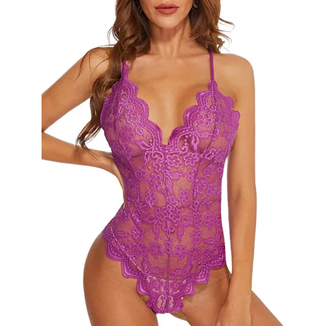 Sexy Plus Size Lace Bodysuit - Women’s Erotic One-Piece Lingerie with Mesh & Embroidery – Perfect for Roleplay & Sexy Nights