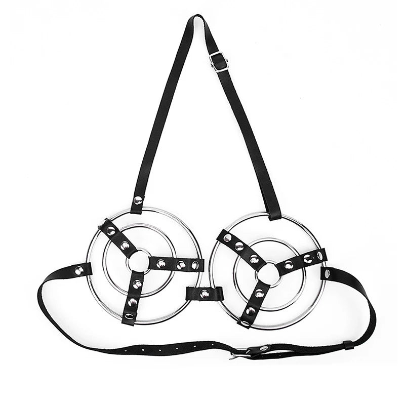 Seductive Leather Cage Bra – Open Cup Adjustable Harness with Metal Ring Detail